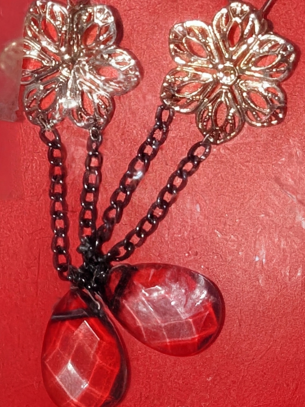 Gold Floral Drop Earrings with Red Teardrop Crystals